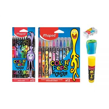 Maped Monster Color Pencil 12pcs+fibertip Color 12pcs+gluestick 1pc+eraser 2pc + Sharpener -mdp-sch-kit-036